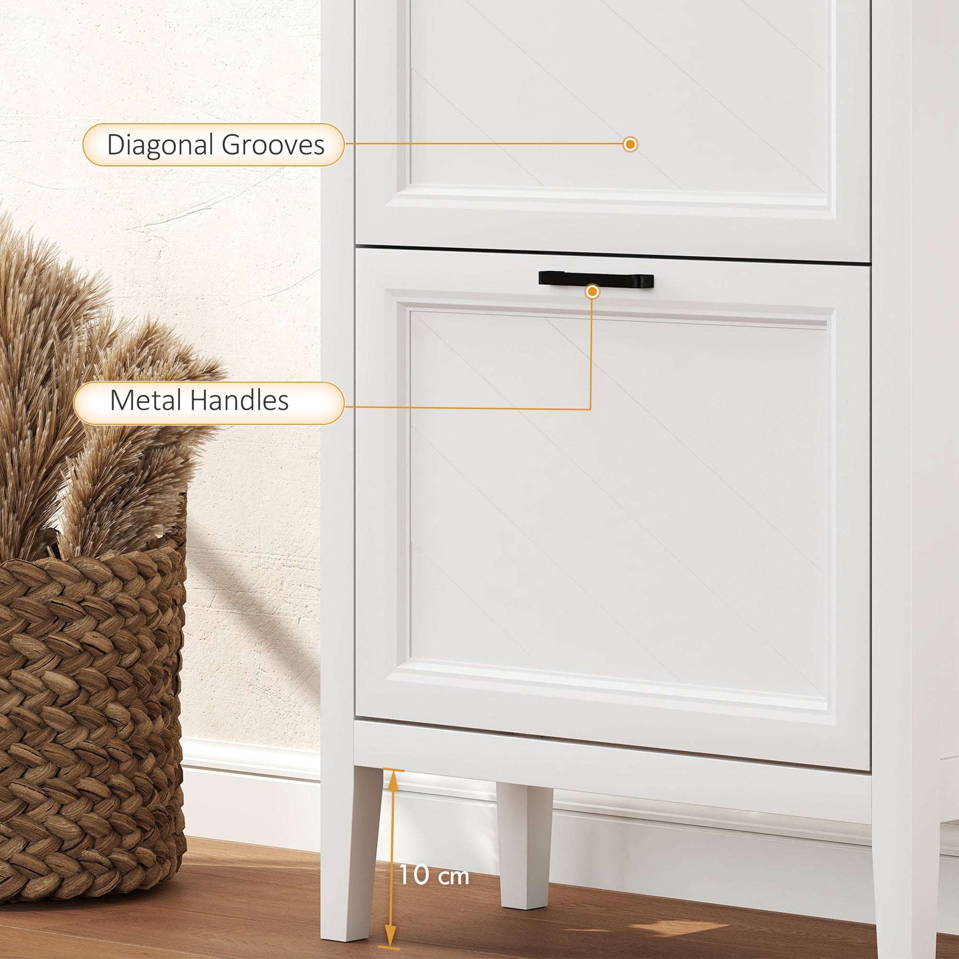 Farmhouse Narrow Shoe Cabinet | 3 Flip Drawers | Adjustable Shelves | 12-18 Pairs | Slim 26.5cm Depth | Max UK 9.5 | Anti-Tipping | MDF | 60x26.5x133.7cm | White