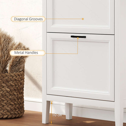 Farmhouse Narrow Shoe Cabinet | 3 Flip Drawers | Adjustable Shelves | 12-18 Pairs | Slim 26.5cm Depth | Max UK 9.5 | Anti-Tipping | MDF | 60x26.5x133.7cm | White