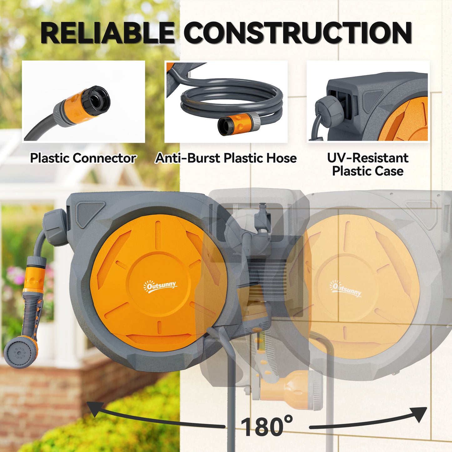 Outsunny Retractable Hose Reel Wall Mounted, 30+2m Garden Hose Pipe Reel with Lock, Auto Rewind, 7 in 1 Spray Nozzle, Includes Wall Fixings, 180° Swivel, Outdoor Watering, Orange