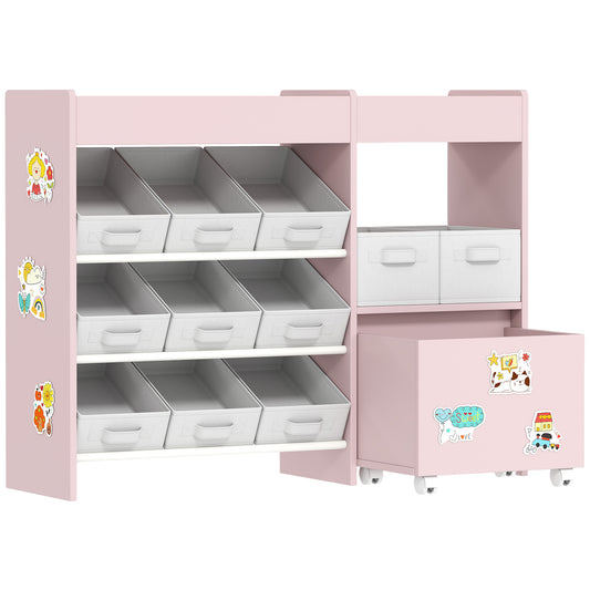 AIYAPLAY Kids Toy Storage Unit with 11 Bins, Cabinet, Top Shelves, 3 Stickers, for Nursery, Playroom, Pink