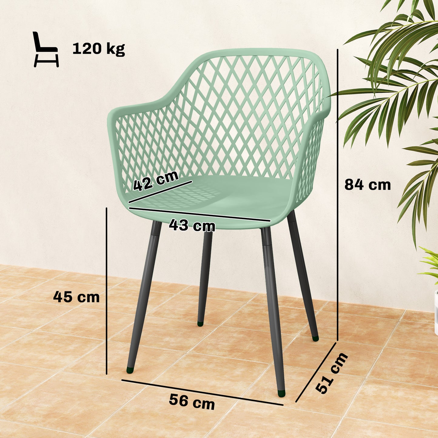 Set of 4 Outdoor Dining Chairs | Diamond Cut-Out Back | Wraparound Armrests | UV-Resistant PP Seat | Powder-Coated Metal Legs | 120kg Capacity | Indoor & Outdoor | 56 x 51 x 84cm | Green