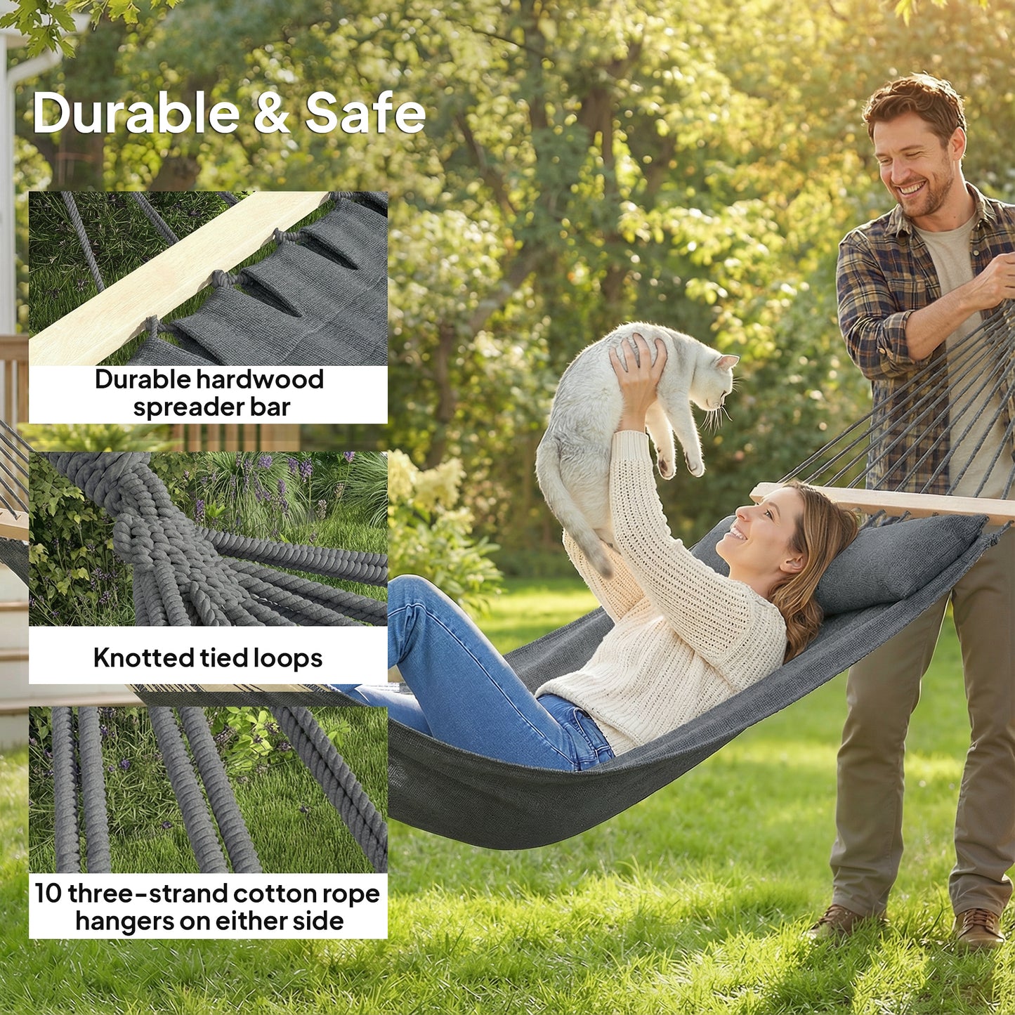 Cotton Hammock | 270x80cm | Headrest | Side Pocket | Hardwood Spreader Bar | Hanging Straps | Portable & Foldable | 120kg | Dark Grey