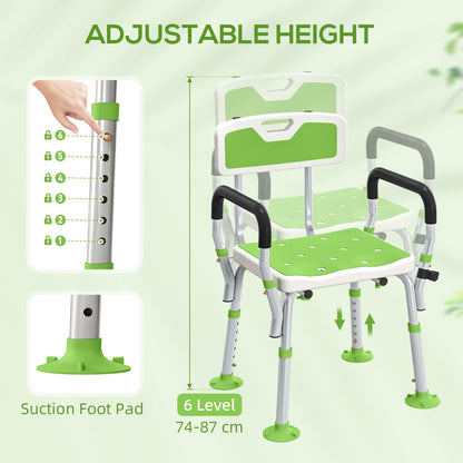 EVA Padded Shower Chair, Height Adjustable Shower Stool With Back and Arms, 4 Suction Foot Pads, Green