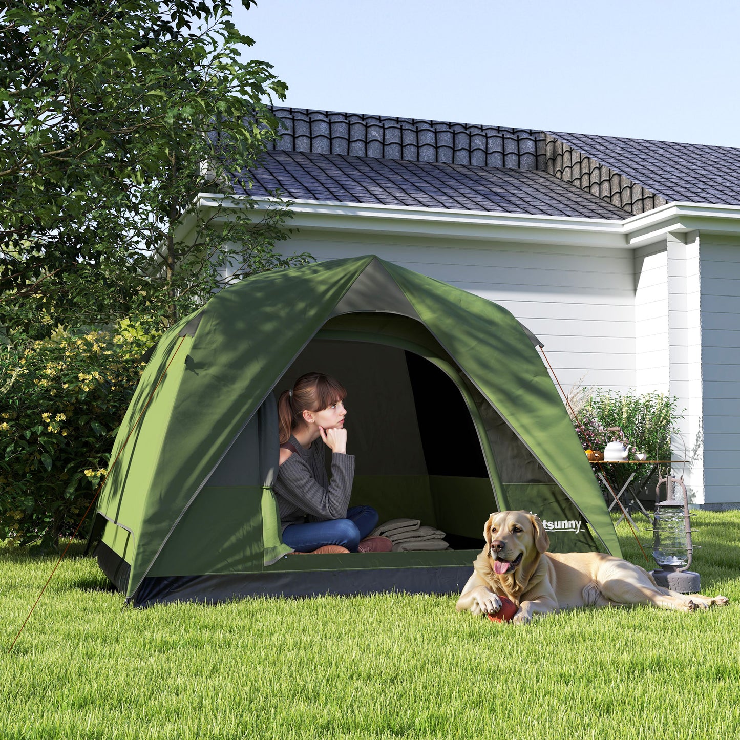 3-4 Person Camping Tent, Easy Set Up Waterproof Dome Tent with Sewn-in Groundsheet, Mesh Windows, Pocket and Hook for Camping, Green & Grey