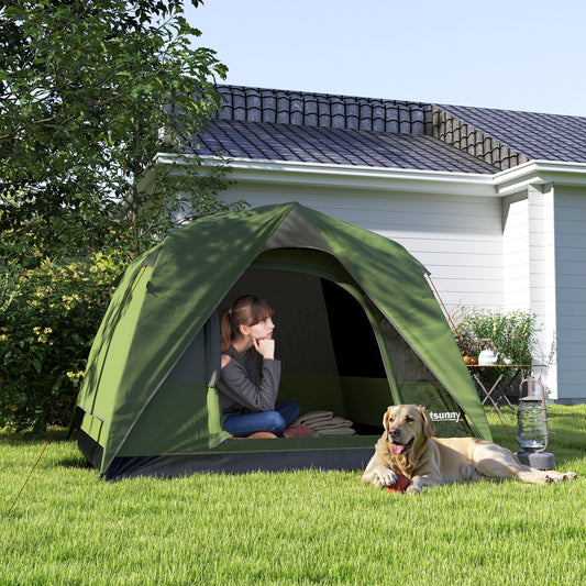 3-4 Person Camping Tent, Easy Set Up Waterproof Dome Tent with Sewn-in Groundsheet, Mesh Windows, Pocket and Hook for Camping, Green & Grey