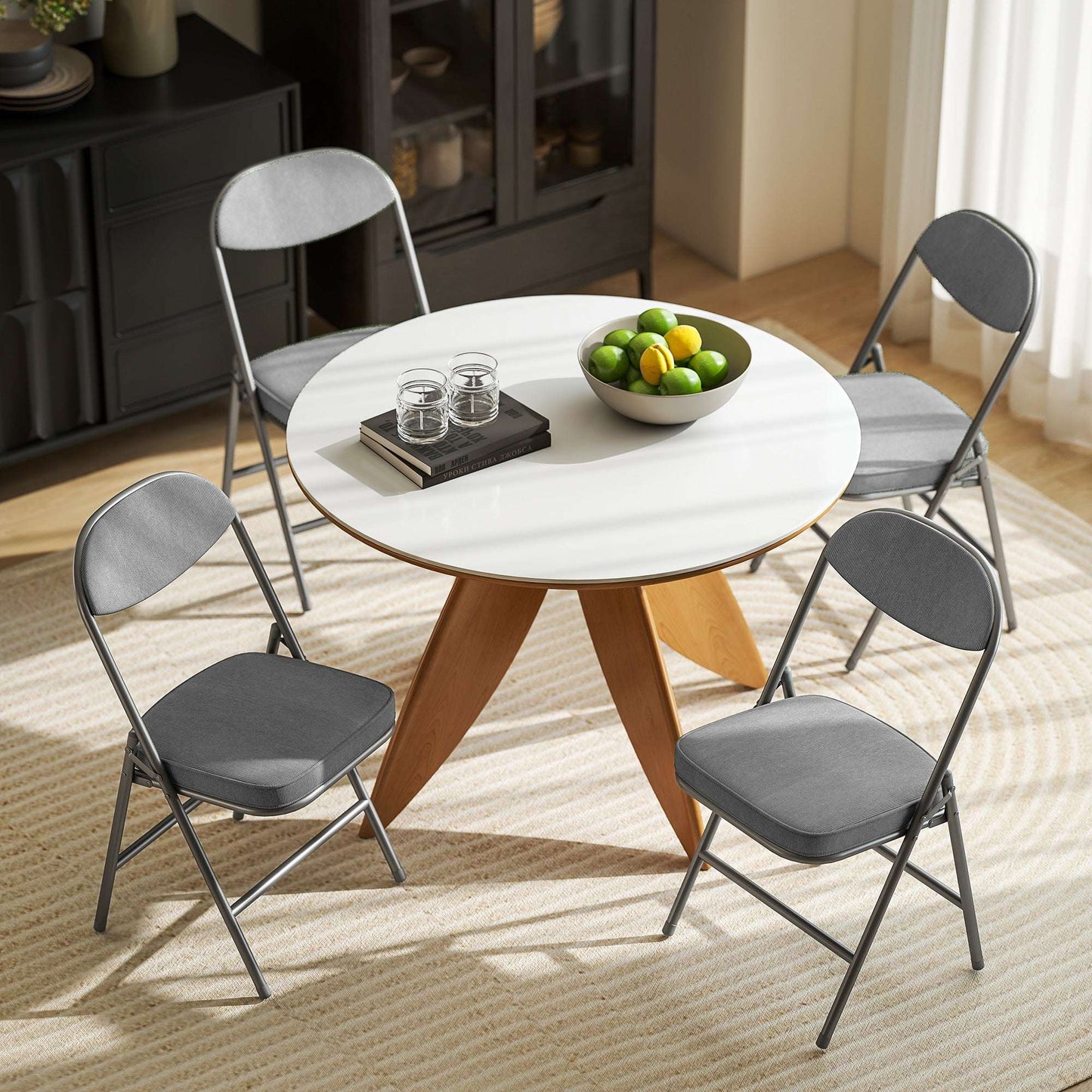 Set of 4 Folding Corduroy Chairs | High Back | Padded Seat & Back | Steel Frame | 120kg | No Assembly | Grey