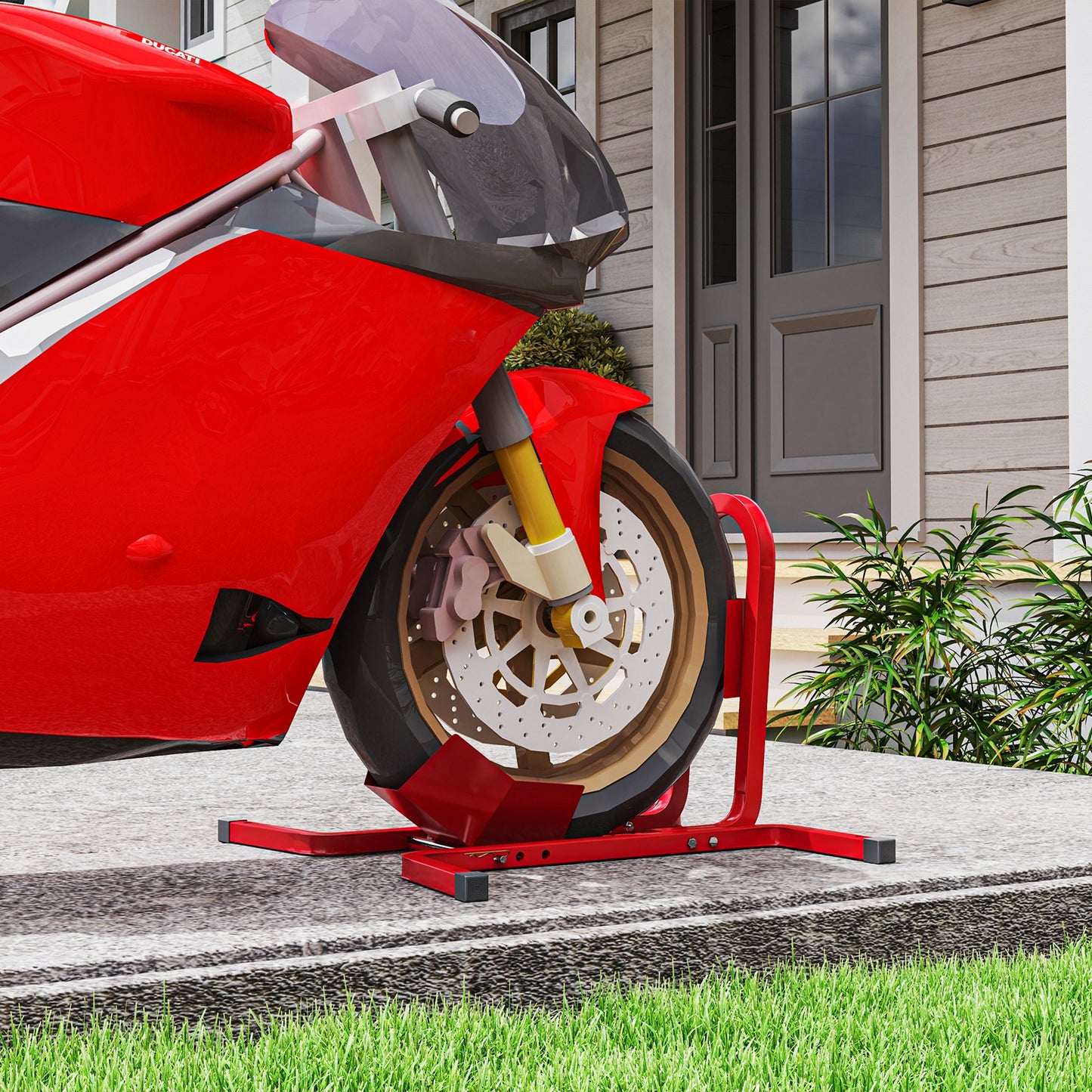 Metal Motorcycle Motorbike Wheel Chock Locking Stand System 17", 19", 21"/43, 48, 51 cm Front Wheels Steel Adjustable Fixing Tyre Holder Support