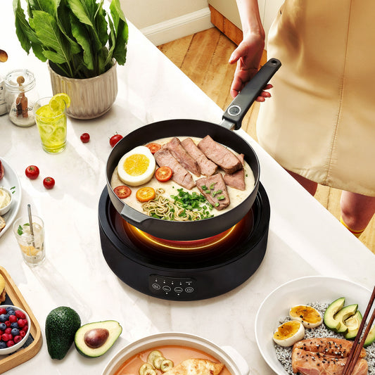 Electric Ceramic Hob with Grill Plate, Multifunctional 36cm Plug in Electric Hob with 4 Heat Levels for All Type Pot