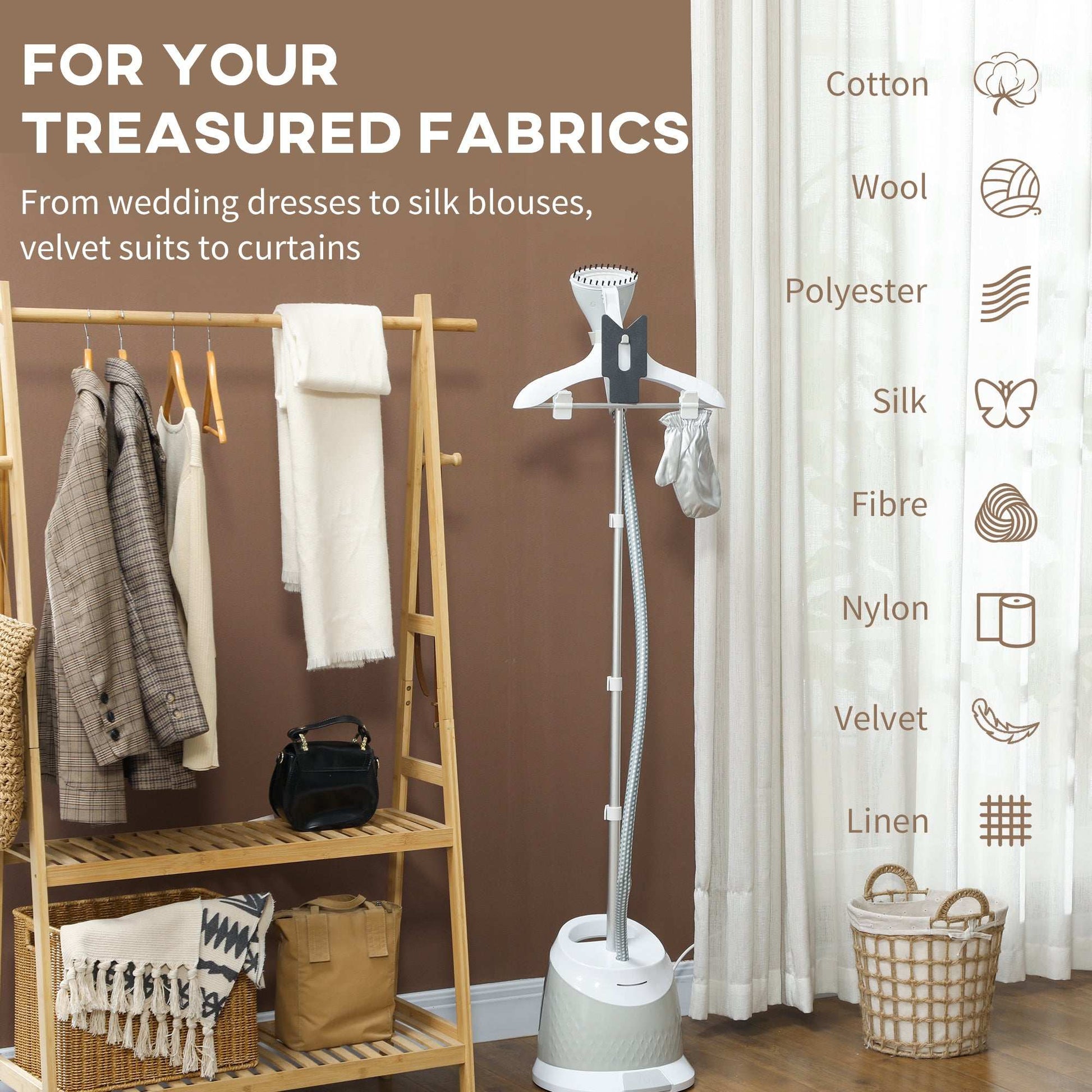 Upright Clothes Garment Steamer Wrinkle Remover with Large 1.8L Water Tank, Adjustable Height, for Home Clothing, Curtains, Wedding Dresses, Silk, Sofa, Light Grey