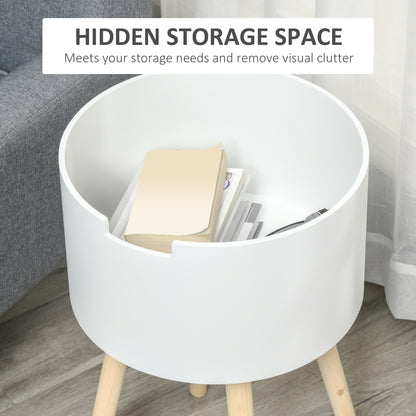 Modern Side Table With Hidden Storage Space, Round Night Stand / Removable Tray Wood Frame End Coffee Table, Set of 2 - White