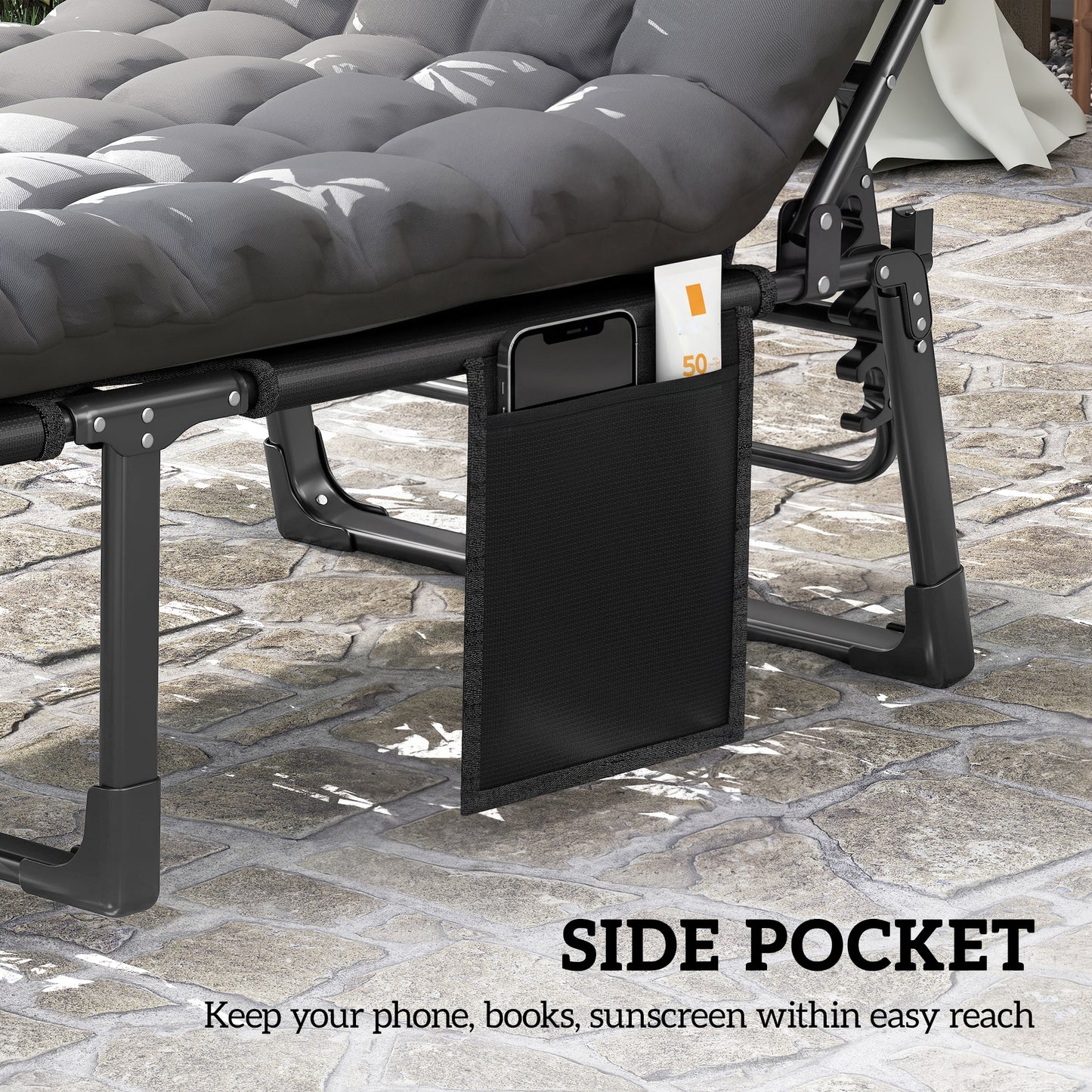 Folding Sun Lounger Camping Bed | 5 Position Recline | 68cm Mesh Seat | Removable Cushion & Headrest | Portable | 120kg | Dark Grey