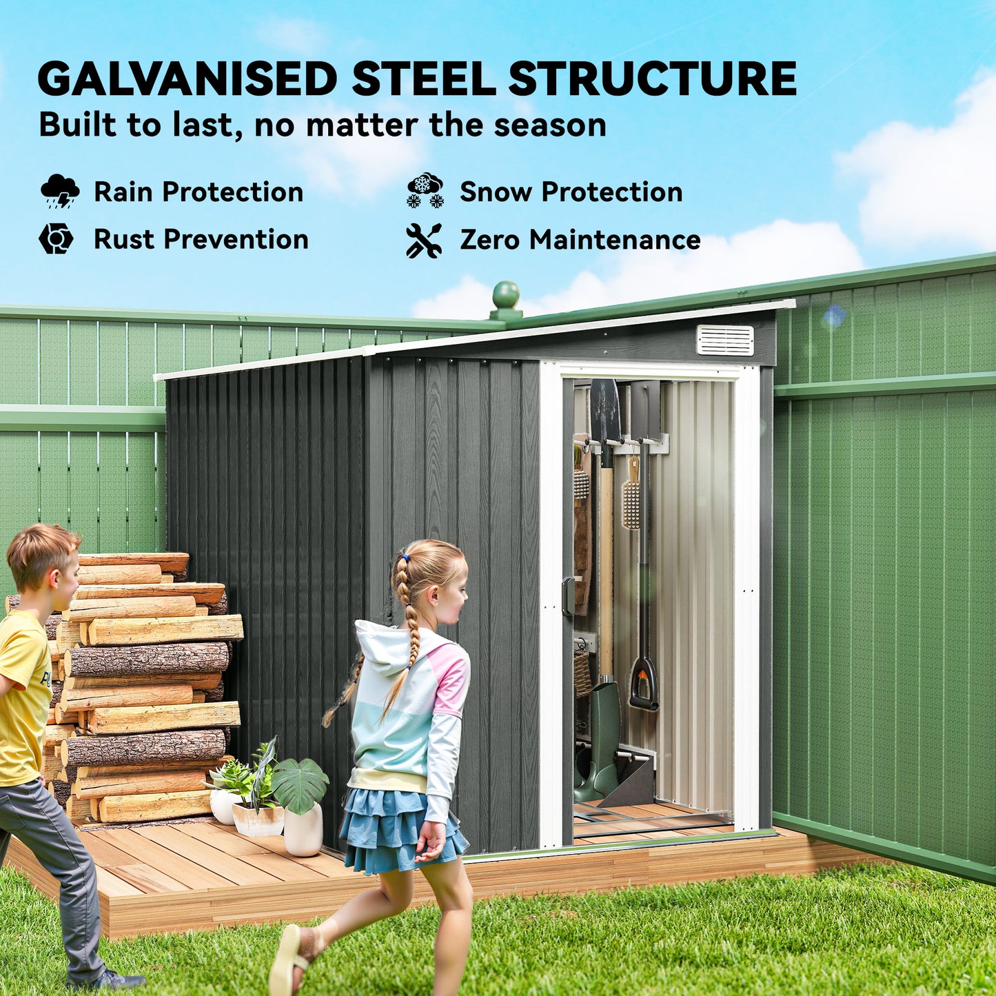 Galvanised Steel Lean-To Garden Storage Shed | Sliding Door | 2 Hooks & 2 Adjustable Shelves | 2 Vents | Floor Foundation Included | 40kg/m² Snow Rating | 154x206.5x181cm | 2.81m² | Light Grey Wood Effect