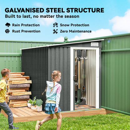 Galvanised Steel Lean-To Garden Storage Shed | Sliding Door | 2 Hooks & 2 Adjustable Shelves | 2 Vents | Floor Foundation Included | 40kg/m² Snow Rating | 154x206.5x181cm | 2.81m² | Light Grey Wood Effect