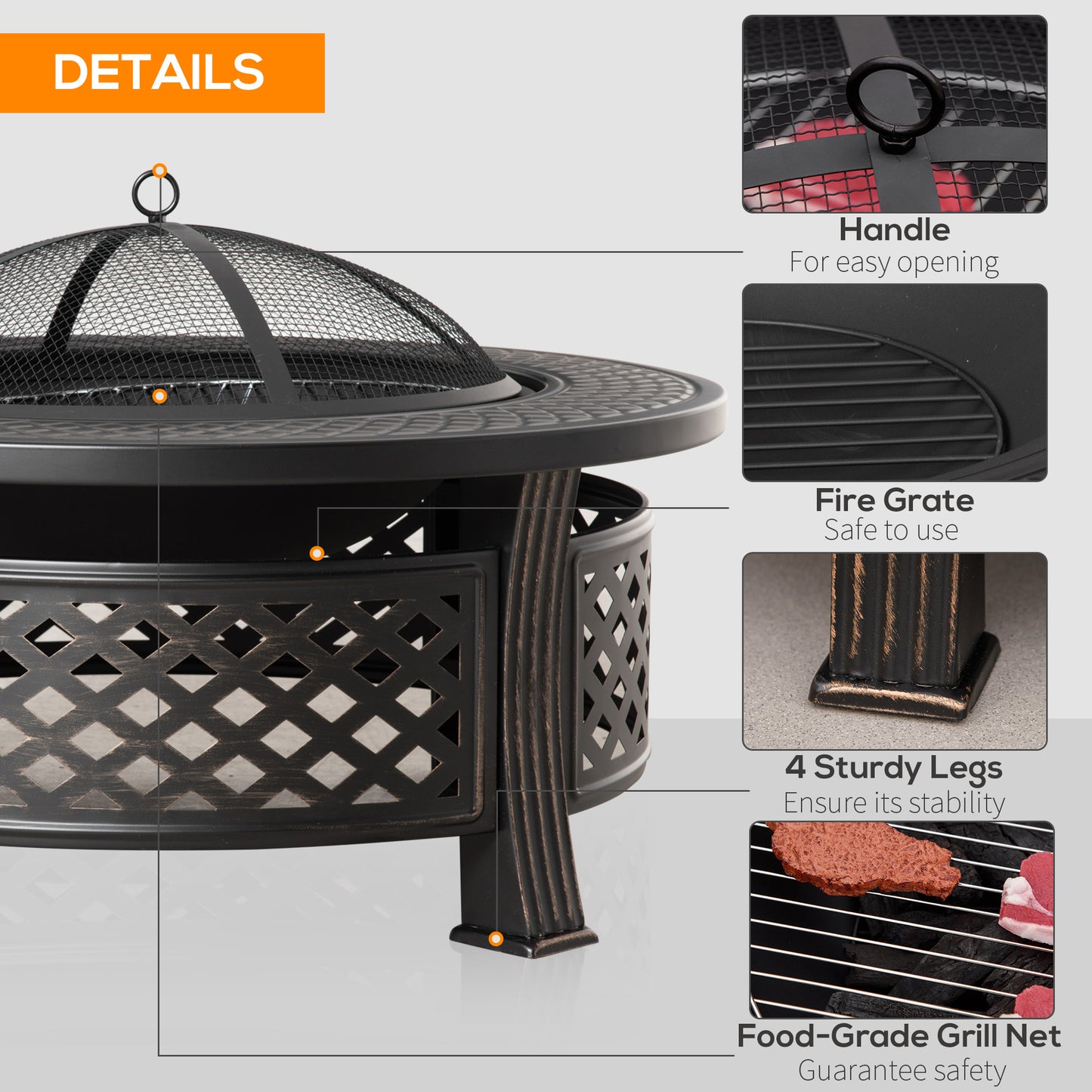 Outsunny Outdoor Fire Pit with Grill Net, Mesh Lid & Poker – Multifunctional BBQ & Bonfire Pit, Built-In Tabletop, Solid Steel, Bronze Tone