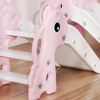 AIYAPLAY 3 in 1 Kids Slide with Climber, Basketball Hoop and Ball, Giraffe Shape Climber Slide for Indoor Kids Age 1-3, Pink