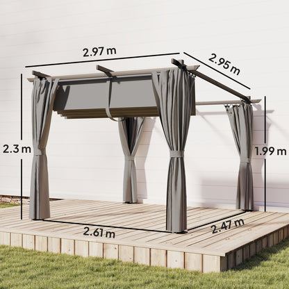 3x3m Retractable Roof Garden Pergola with 3 Side Curtains | UPF30+ Splash-Proof Canopy | Powder-Coated Metal Frame | Windproof Level 5-6 | Snow Load Rated | Ground Stakes | Light Grey
