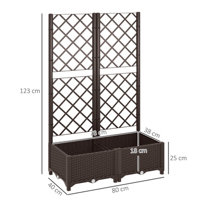 PP Raised Garden Bed with Trellis | 8 Drainage Holes & Drain Plugs | 20kg Capacity | 80x40x123cm | Indoor & Outdoor | Climbing Plants Veg & Flowers | Brown