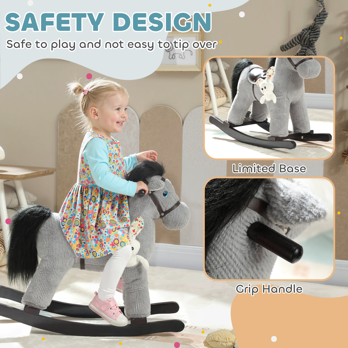 AIYAPLAY Baby Rocking Horse, Plush Ride on Toy with Handle Grip, Sound and Doll, Toddler Animal Rocker for Kids Aged 2–5, Grey