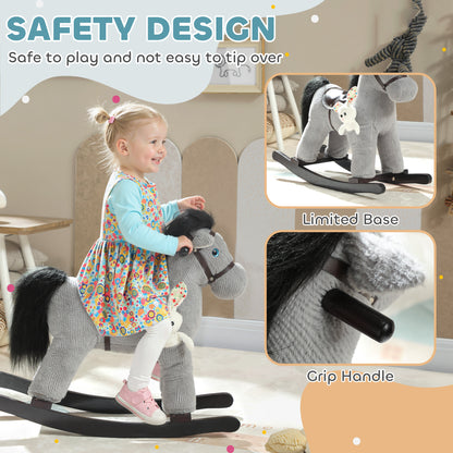 AIYAPLAY Baby Rocking Horse, Plush Ride on Toy with Handle Grip, Sound and Doll, Toddler Animal Rocker for Kids Aged 2–5, Grey