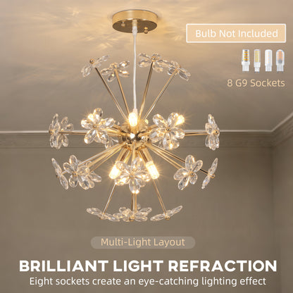 Crystal Flower Chandelier | Gold Tone Ceiling Light with 8 G9 Bulb Holders & Adjustable Suspension | Clear