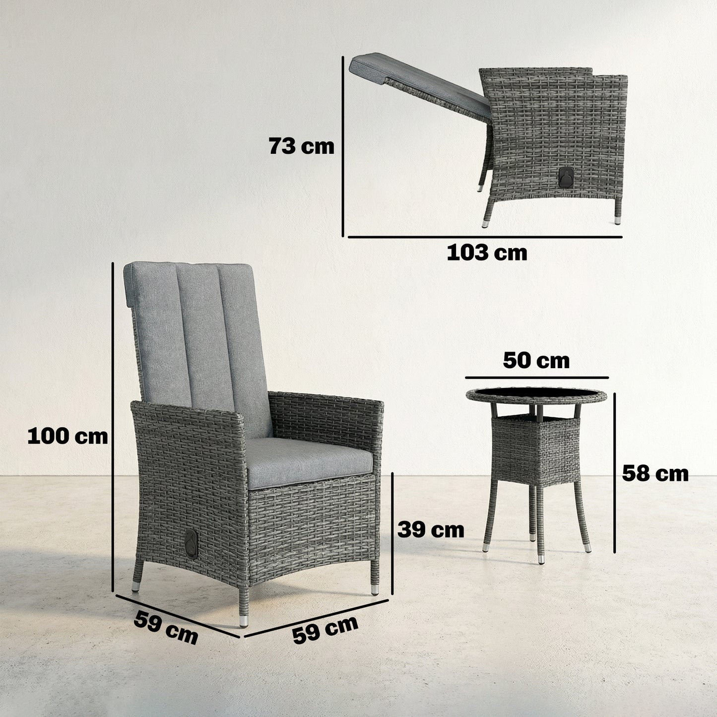 Rattan Bistro Set | 2 Reclining Chairs | Gas Lift 105°-150° | Glass Table | Washable Cushions | Grey