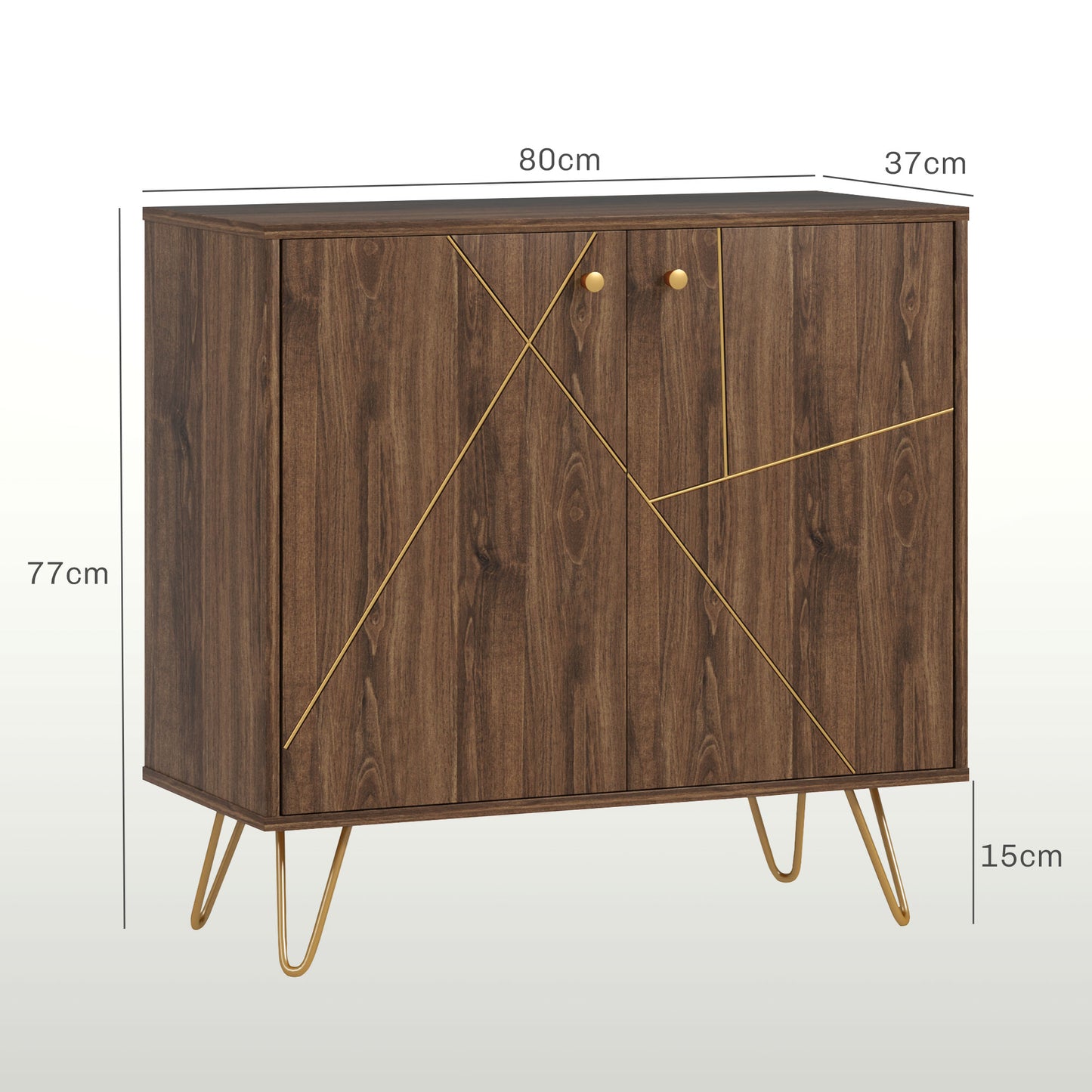 Sideboard Storage Cabinet with Golden Steel Lines, modern rustic Kitchen Buffet Cabinet W/ Adjustable Shelf Steel Legs Brown