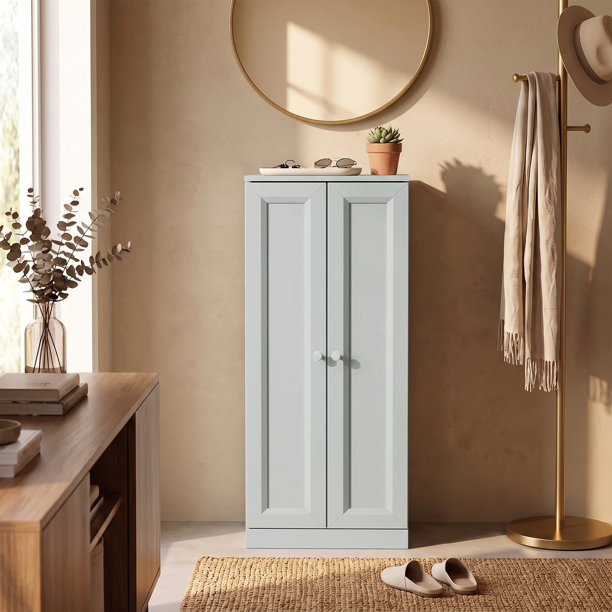 Narrow Bathroom Cabinet | Light Blue | Particleboard MDF | 38x26x97cm | 2 Doors 4 Tiers | Soft-Close Hinges | Anti-Tip | 20kg | Nordic Style | Freestanding Slim Cupboard