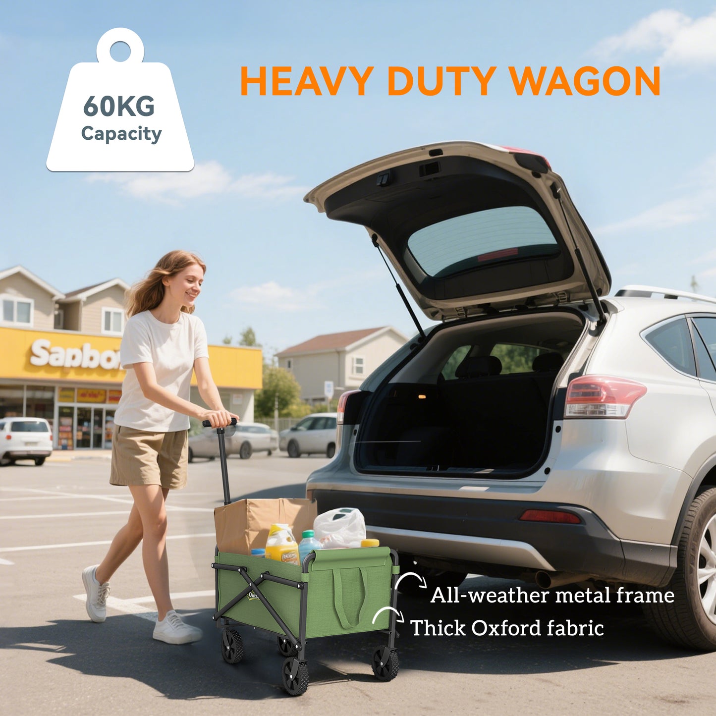 Outsunny 41L Festival Trolley on Wheels, Small Garden Folding Trolley Cart, 60kg Heavy Duty Collapsible Folding Wagon with Adjustable Handle and Carrying Bag for Beach, Camping