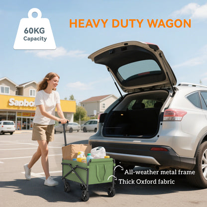 Outsunny 41L Festival Trolley on Wheels, Small Garden Folding Trolley Cart, 60kg Heavy Duty Collapsible Folding Wagon with Adjustable Handle and Carrying Bag for Beach, Camping