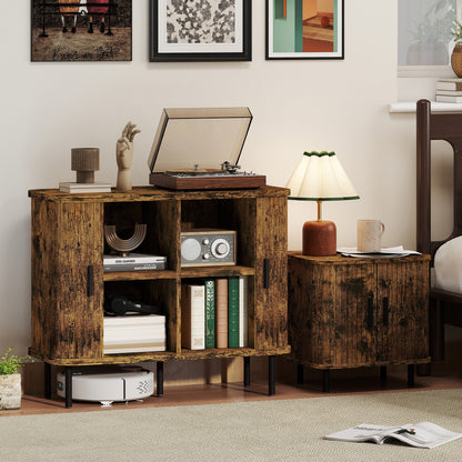 Mid-Century Sideboard & Nightstand Set | Tambour Sliding Doors | 2-Tier Storage | Steel Legs | Anti-Tip | Oak & Black | Rustic Brown