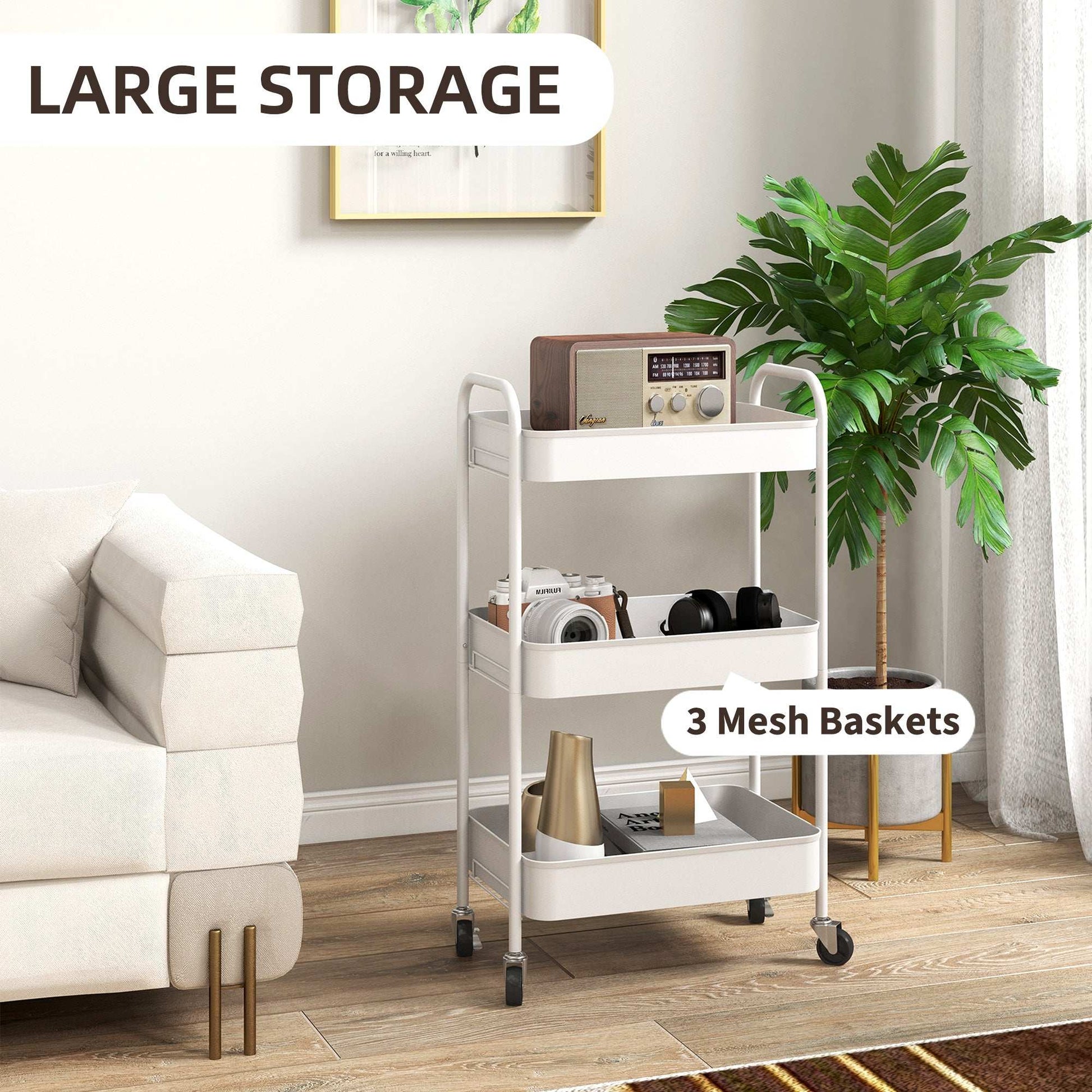 Three-Tier Steel Storage Trolley - White