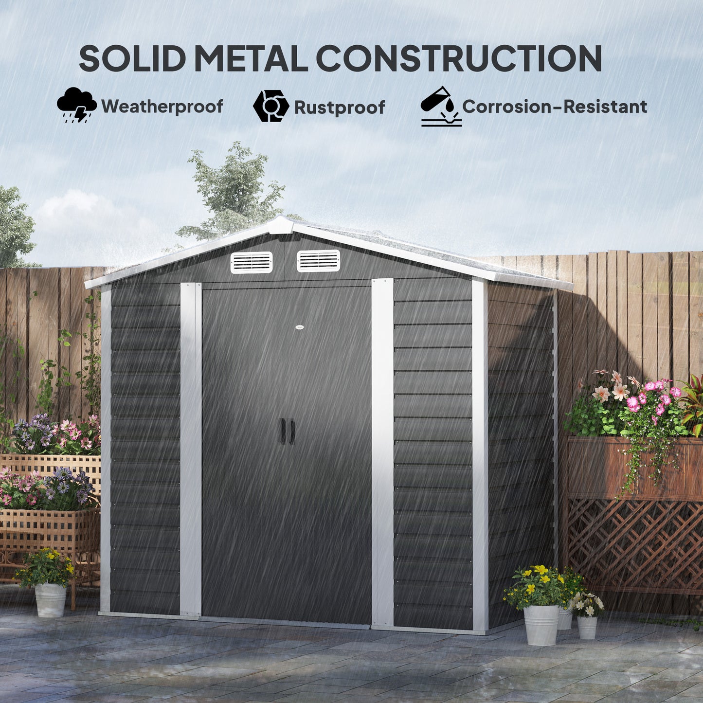7 x 4ft Metal Garden Shed, Galvanised Steel Shed W/ Double Lockable Doors, Vents and Gloves, Outdoor Tool Storage Shed for Garden, Patio, Dark Grey