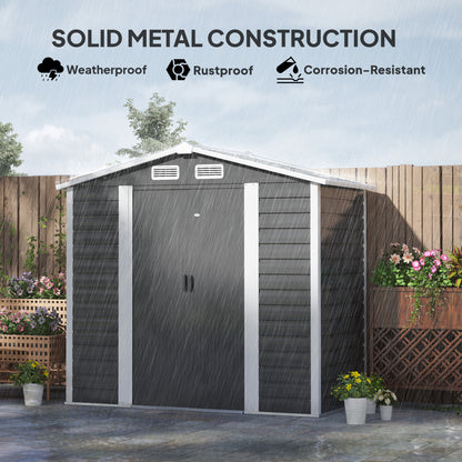 7 x 4ft Metal Garden Shed, Galvanised Steel Shed W/ Double Lockable Doors, Vents and Gloves, Outdoor Tool Storage Shed for Garden, Patio, Dark Grey