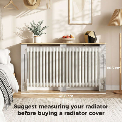 MDF Radiator Cover | Slatted Line Grill Design | Display Top | Wall Mountable | Fittings Included | 10kg | 152x19x81cm | Grey