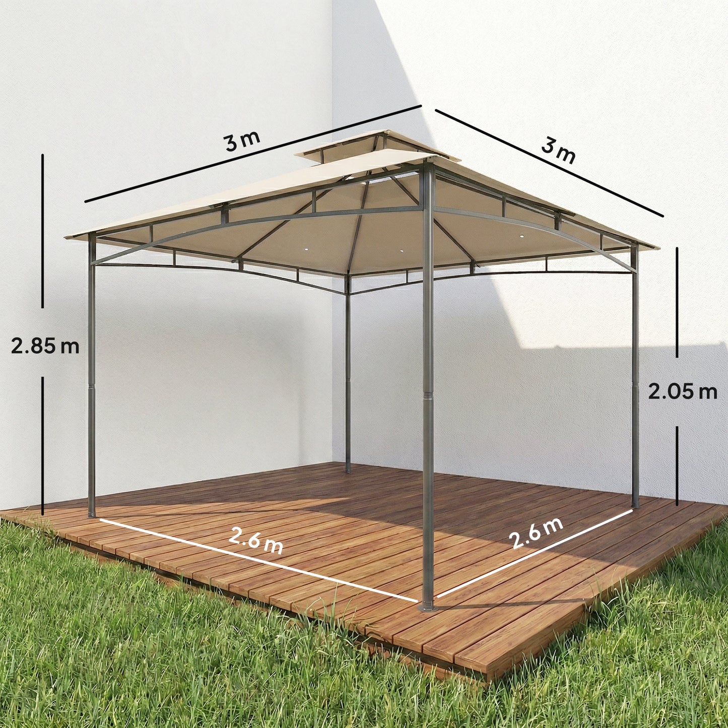 3x3m Garden Gazebo | 2-Tier Roof | UPF50+ | 180g/m² PA Polyester | Fits 6-8 | Khaki