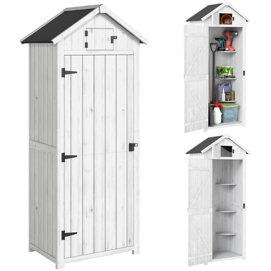 Tall Slim Fir Wood Garden Storage Shed | 3 Removable Shelves | Asphalt Roof | Roof Hatch Window | Door Latch | 2-Layer Water-Resistant Paint | 77x54.2x179cm | Light Grey