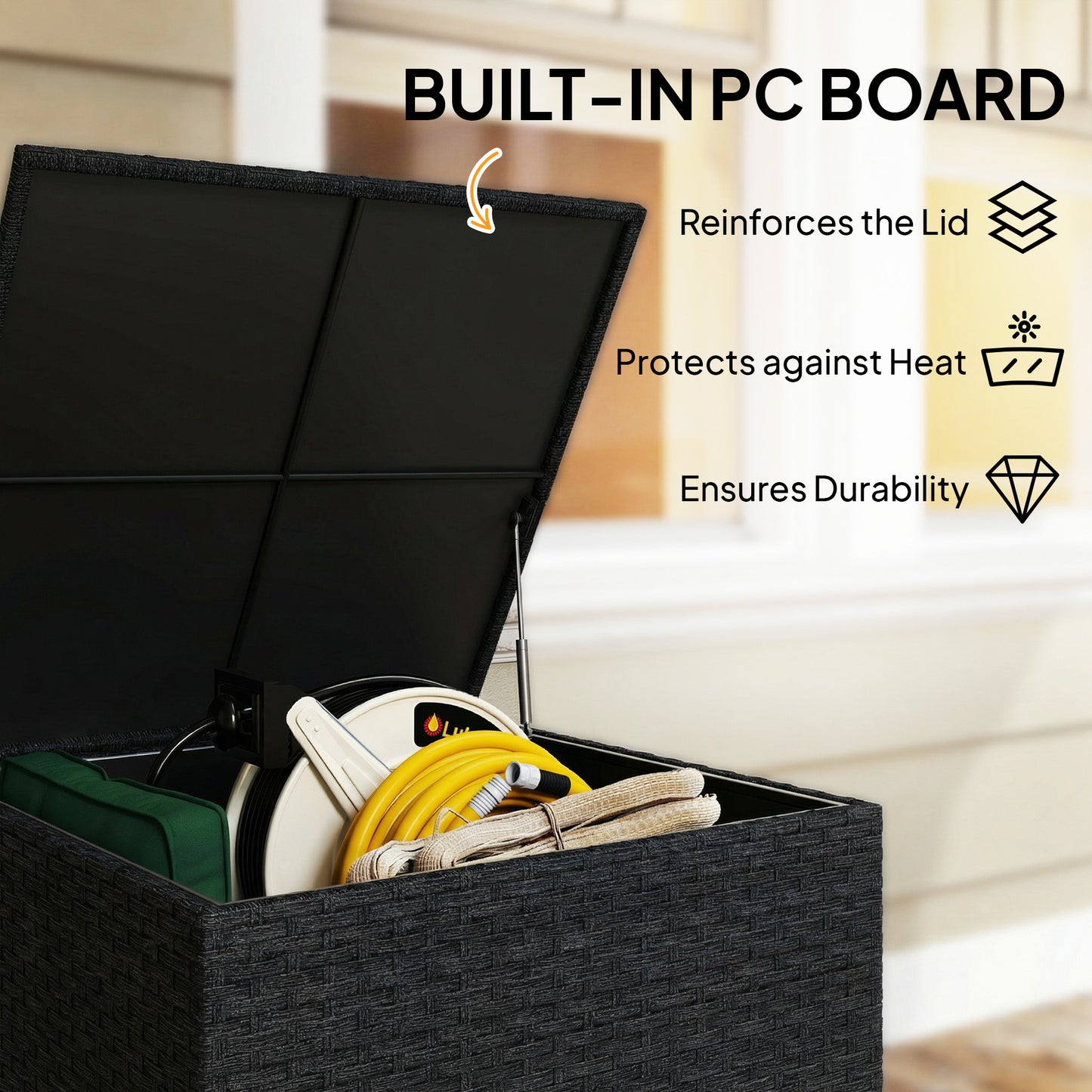 253L Rattan Garden Storage Box | Gas-Assisted Lid | Zipped Liner | Adjustable Feet | 50kg | Black