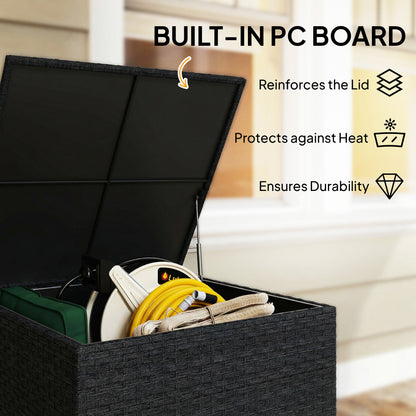 253L Rattan Garden Storage Box | Gas-Assisted Lid | Zipped Liner | Adjustable Feet | 50kg | Black