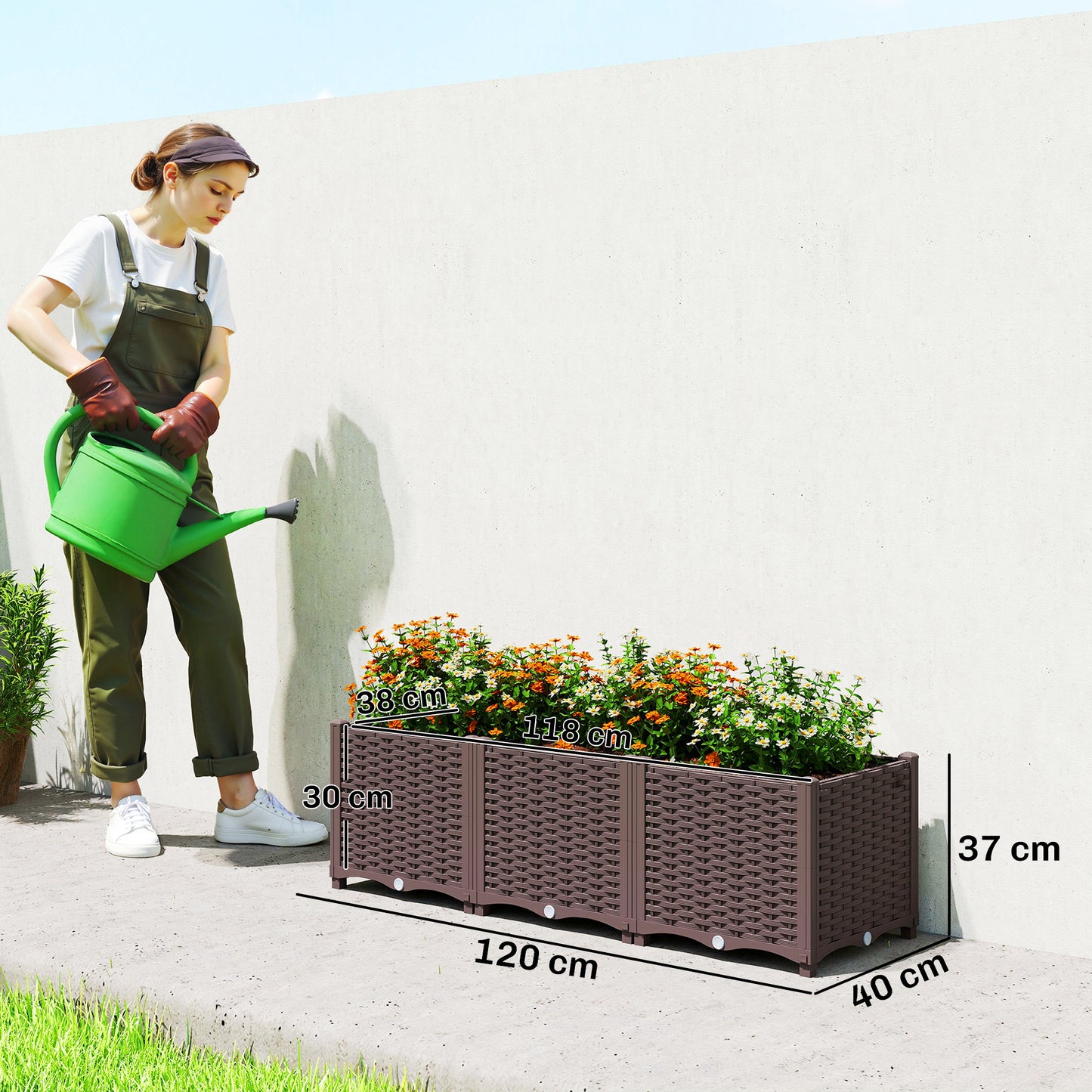 Modular Self-Watering Raised Planter Boxes | Built-In Reservoir | Drainage Holes & Plugs | Rattan-Style PP | Fade Resistant | 20kg Capacity | 120x40x37cm | Brown