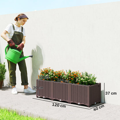 Modular Self-Watering Raised Planter Boxes | Built-In Reservoir | Drainage Holes & Plugs | Rattan-Style PP | Fade Resistant | 20kg Capacity | 120x40x37cm | Brown