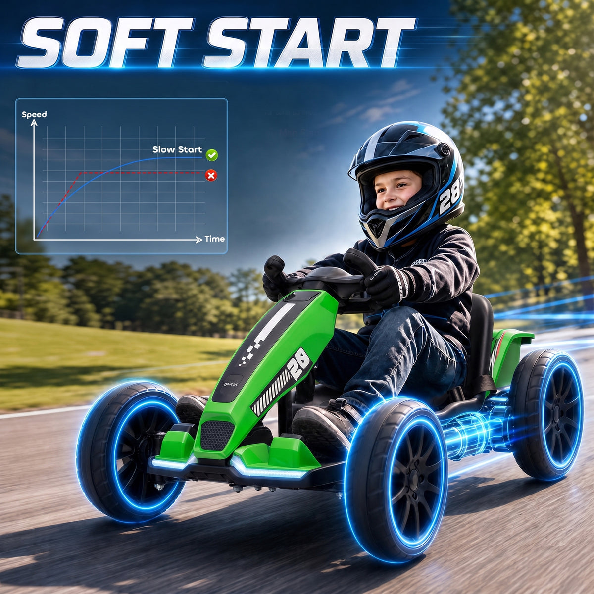 12V Electric Go Kart for Kids | Dual 35W Motors | Soft-Start | 4-Position Adjustable Length 83–98cm | Sliding Seat | LED Lights | EVA Wheels | 50 Min | 1.5–4km/h | 25kg | Age 3–6 | Green