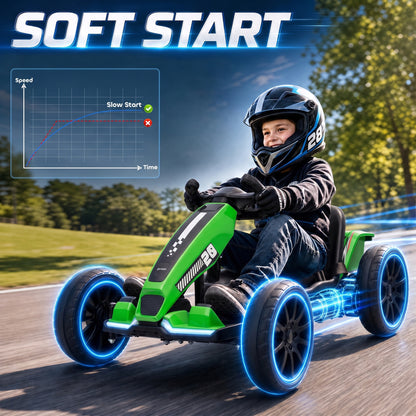 12V Electric Go Kart for Kids | Dual 35W Motors | Soft-Start | 4-Position Adjustable Length 83–98cm | Sliding Seat | LED Lights | EVA Wheels | 50 Min | 1.5–4km/h | 25kg | Age 3–6 | Green