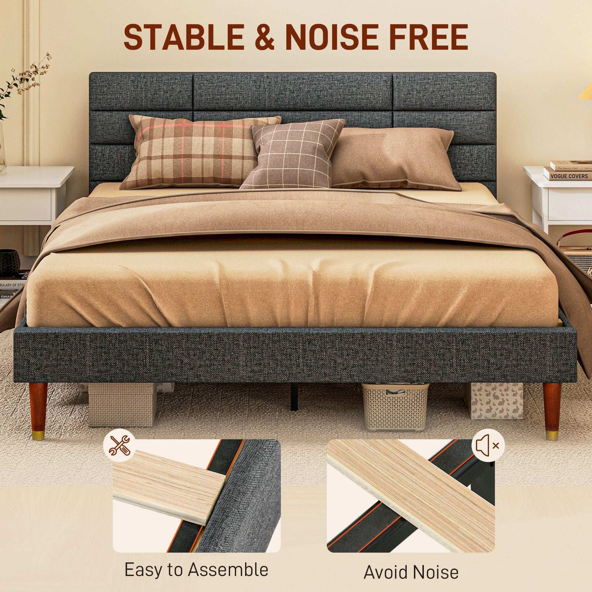 Upholstered King Bed Frame, With Slats - Grey