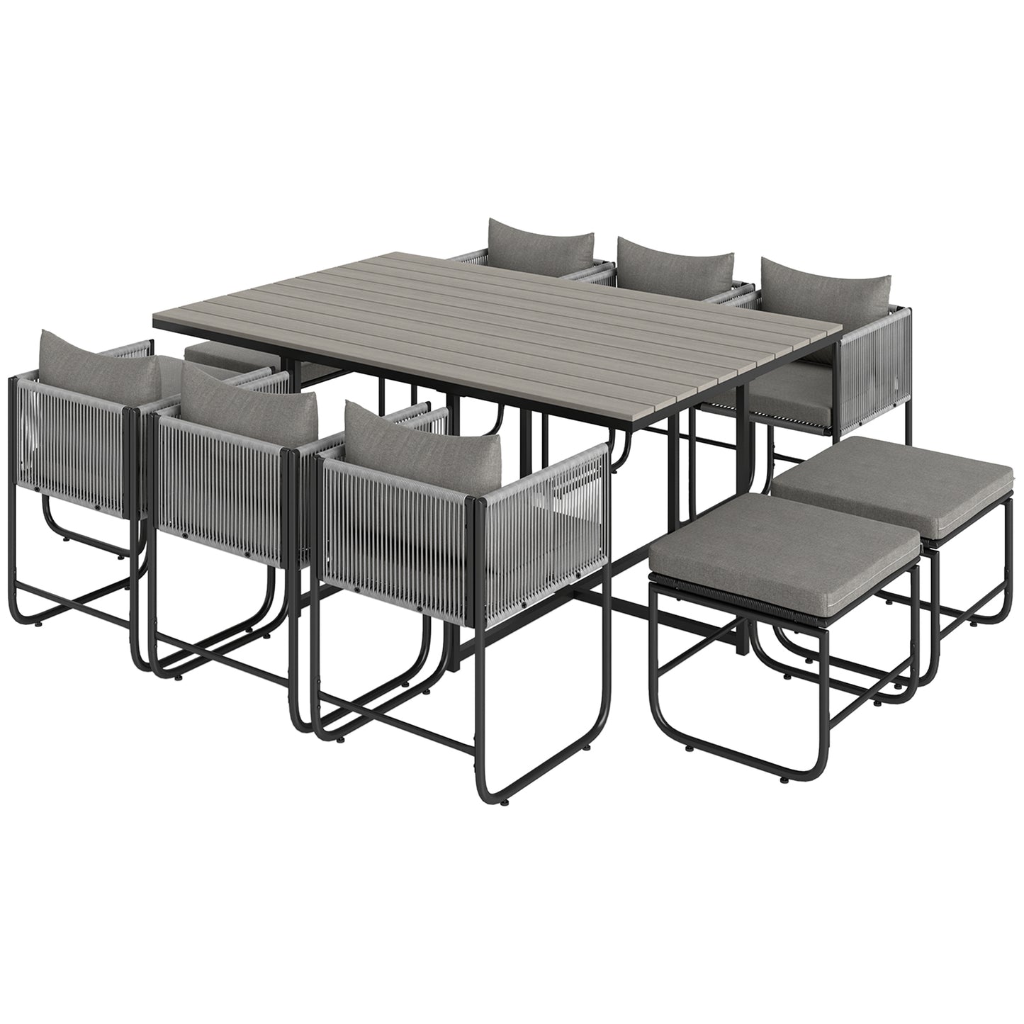 10 Seater Rattan Cube Garden Furniture Set, Rattan Dining Set with Cushions, Outdoor Dining Table and Chairs with 6 Armchairs, 4 Stools - Grey