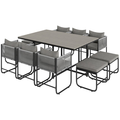10 Seater Rattan Cube Garden Furniture Set, Rattan Dining Set with Cushions, Outdoor Dining Table and Chairs with 6 Armchairs, 4 Stools - Grey