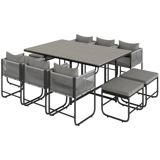 10 Seater Rattan Cube Garden Furniture Set, Rattan Dining Set with Cushions, Outdoor Dining Table and Chairs with 6 Armchairs, 4 Stools - Grey