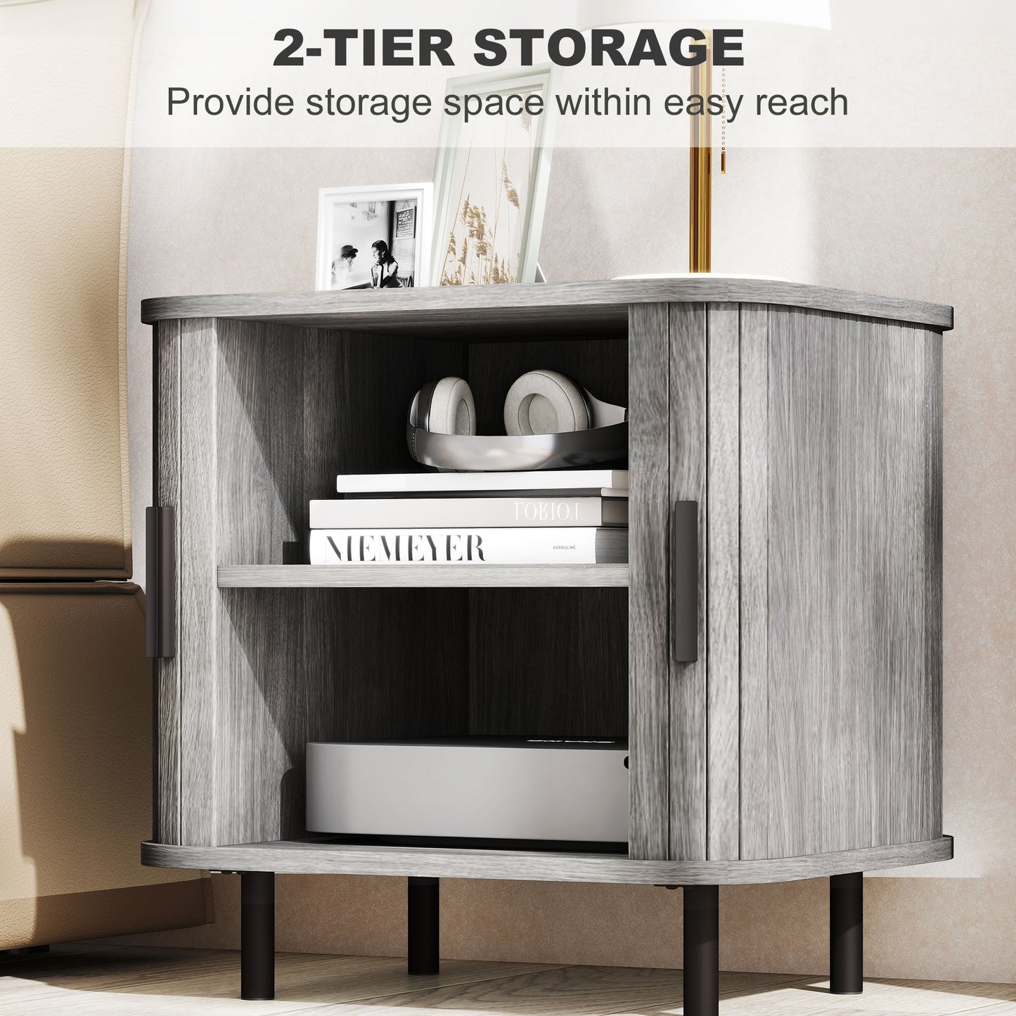 Nordic Bedside Table | Roller Shutter Sliding Doors | 2-Tier Storage | Melamine Surface | Steel Legs | 90kg | 48x40x48cm | Grey