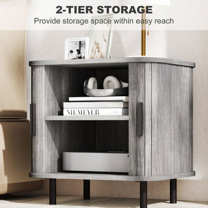 Nordic Bedside Table | Roller Shutter Sliding Doors | 2-Tier Storage | Melamine Surface | Steel Legs | 90kg | 48x40x48cm | Grey
