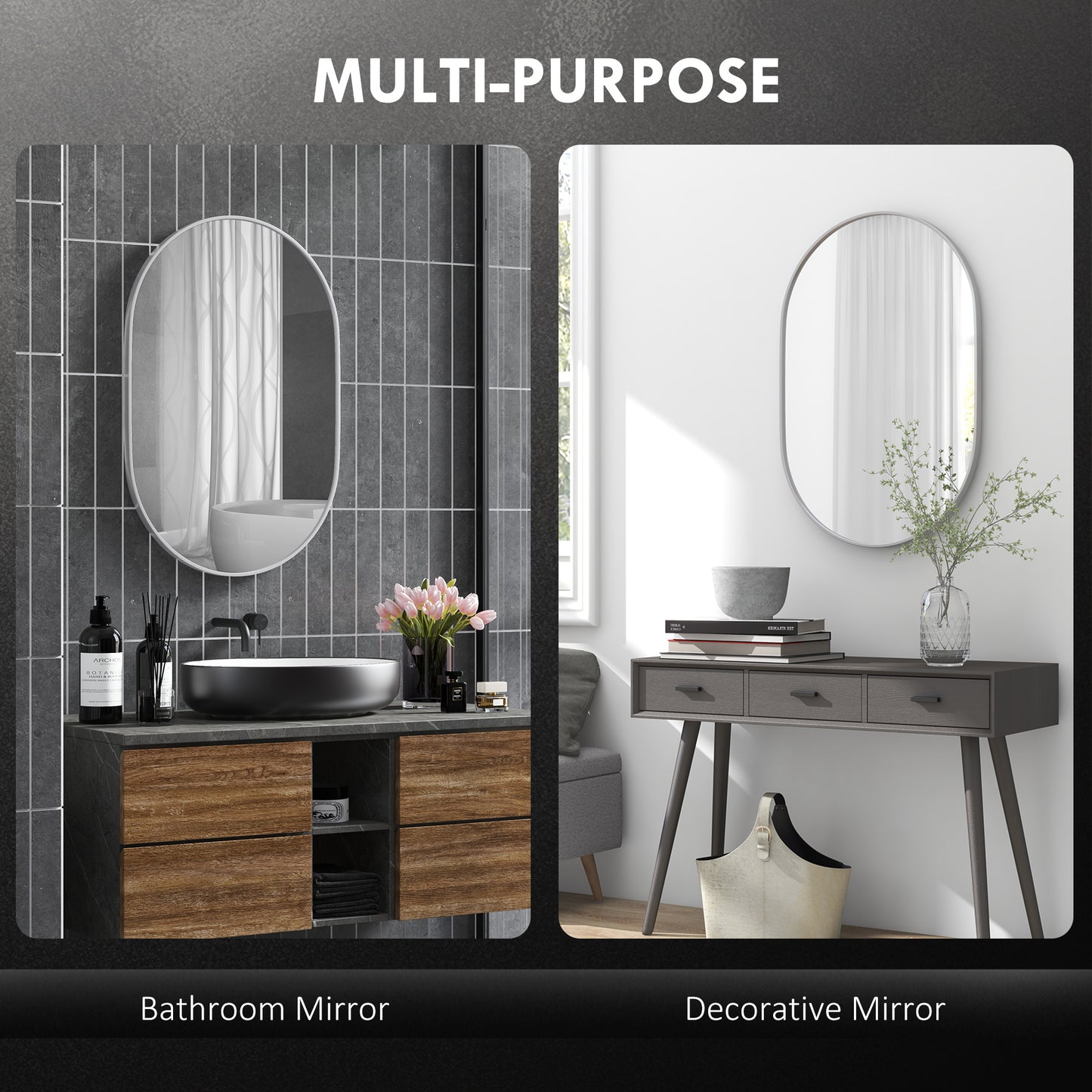 Oval Bathroom Mirror, Modern Wall-mounted Vanity Mirror with Aluminium Frame for Living Room, Entryways, Horizontal or Vertical, 60 x 90cm, Silver
