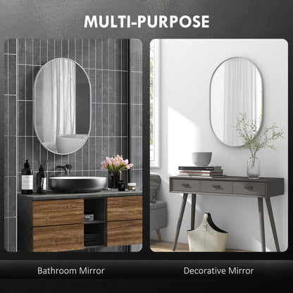 Oval Bathroom Mirror, Modern Wall-mounted Vanity Mirror with Aluminium Frame for Living Room, Entryways, Horizontal or Vertical, 60 x 90cm, Silver